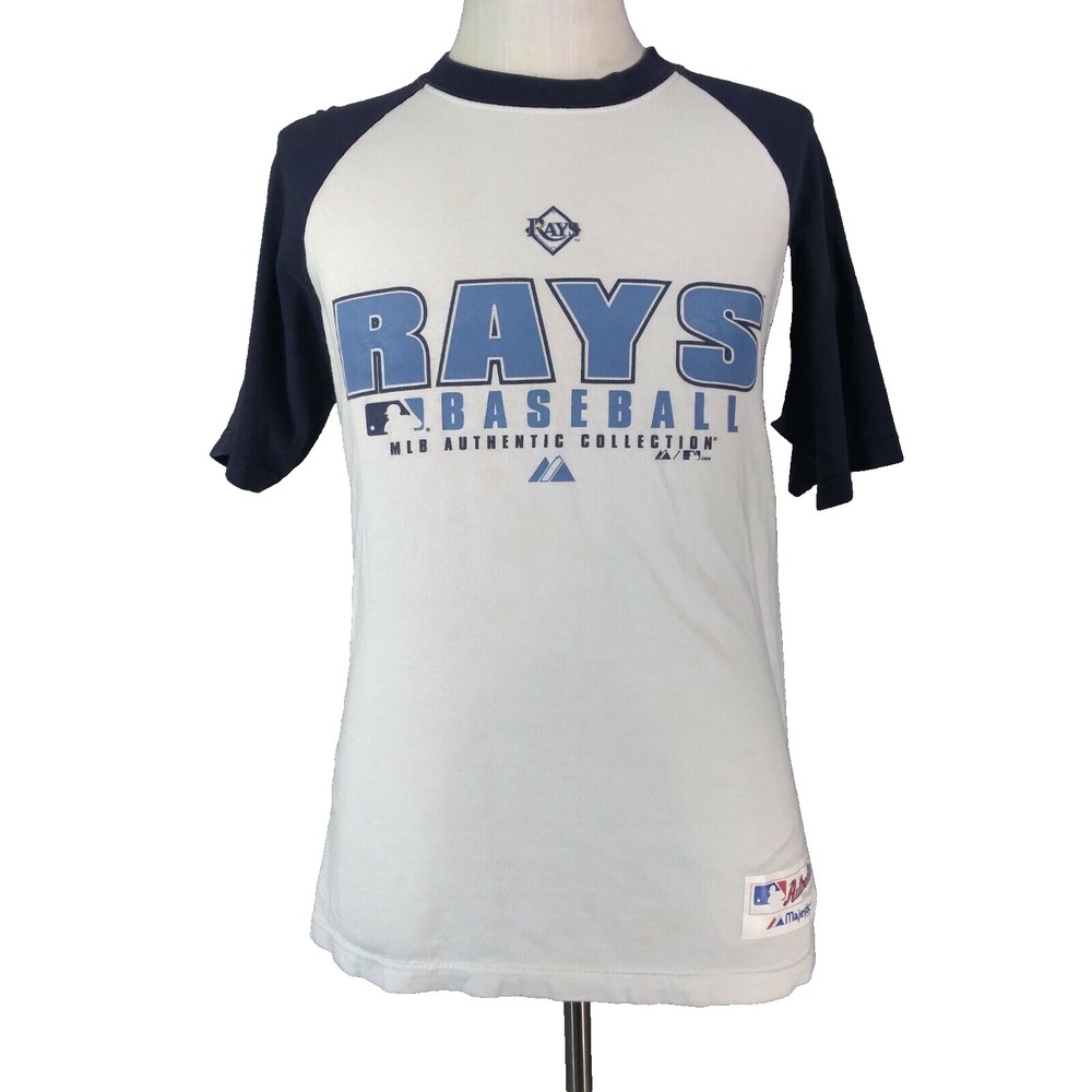 Majestic Shirt Mens Medium White Tampa Bay Rays Raglan Baseball MLB Authentic